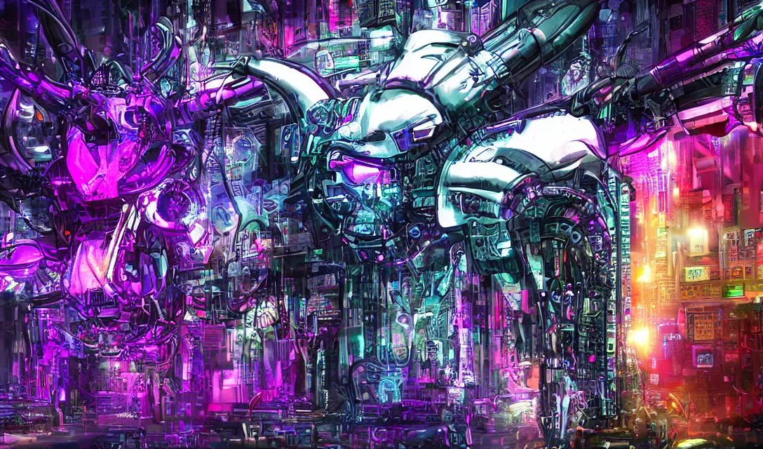 Image similar to complex cyberpunk machine background merged with evil cybernetic goat head in center focus, multicolored digital art