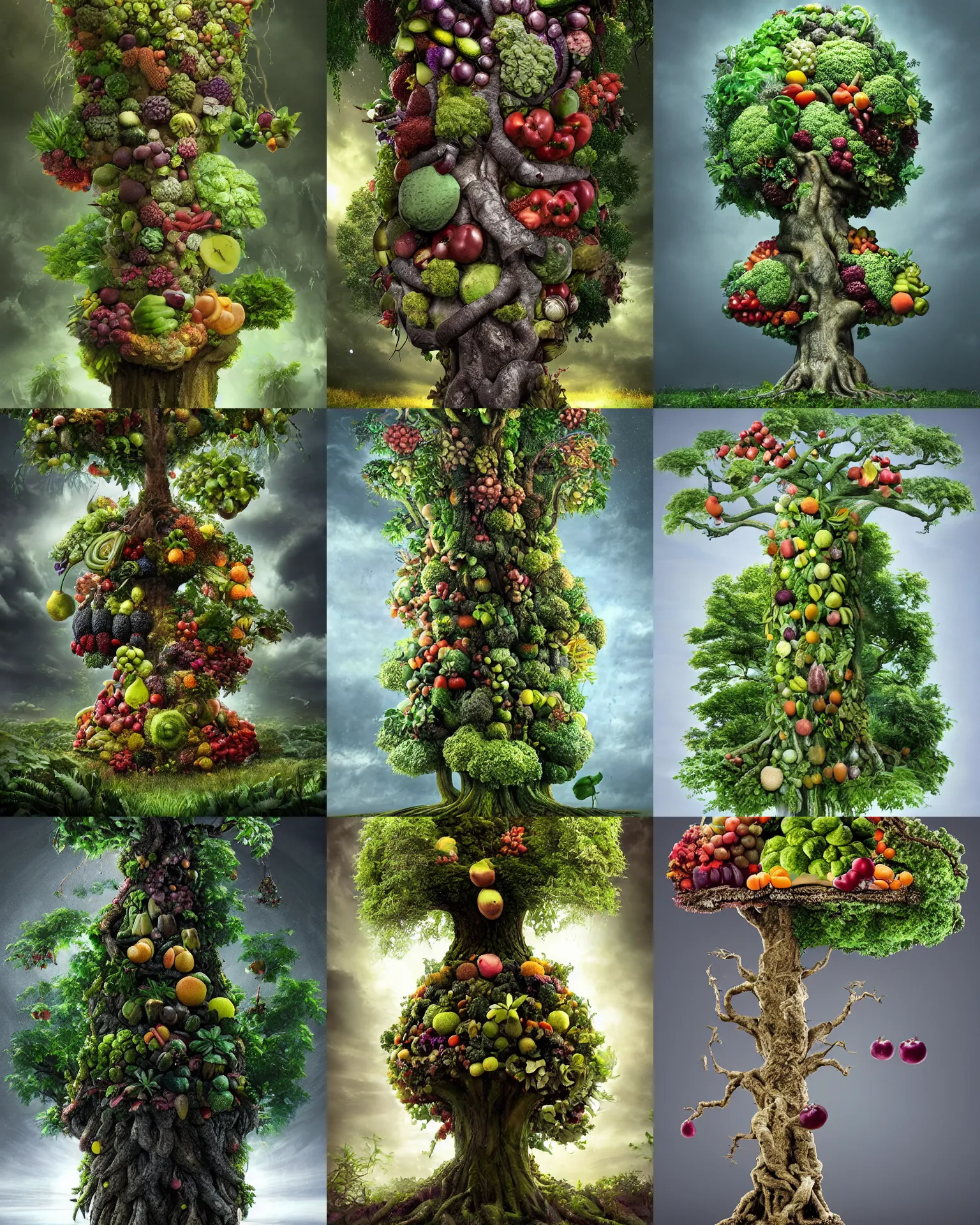 Prompt: a surreal photograph of a tree with multiple kinds of hybrid fruits and vegetables growing from it, ultimate chimera tree, CGSociety