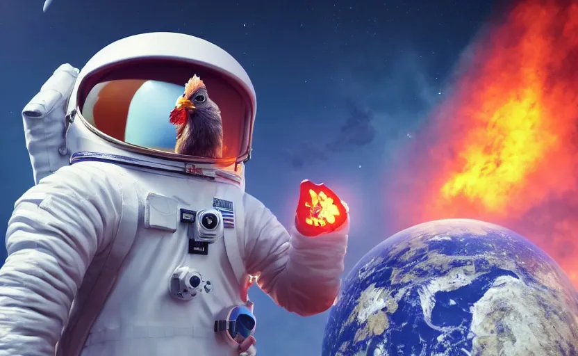 Image similar to a chicken wearing a astronaut suit in a alien planet, profile picture, digital art, concept art, trending on DeviantArt, highly detailed, high quality, 4K, cartoon, high coherence, path traced, blue sky in the background, octane render, digital painting, no helmet, masterpiece