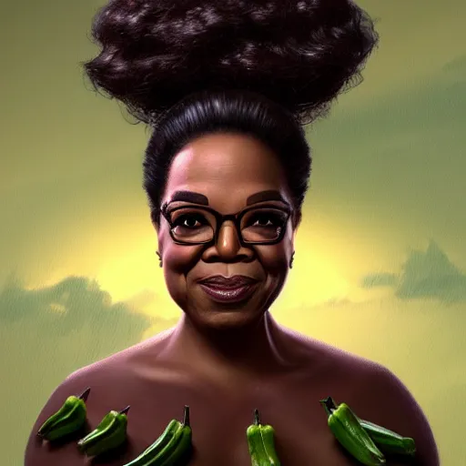 Image similar to a dish of oprah winfreys face fused with okra veg with green stalky ( ( green oprah winfrey's face ) ), oprah okra winfrey sentient veg, by greg rutkowski