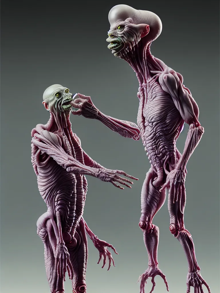 Image similar to hyperrealistic rendering, fat smooth cronenberg flesh monster transparent grey alien by donato giancola and greg rutkowski and wayne barlow and zdzisław beksinski, product photography, action figure, sofubi, studio lighting, colored gels