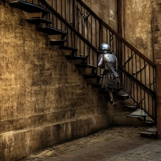 Image similar to a lone knight climbing a staircase to the final enemy, cinematic, 8 k resolution, tense, dark, cloudy, intense, complex, high detail