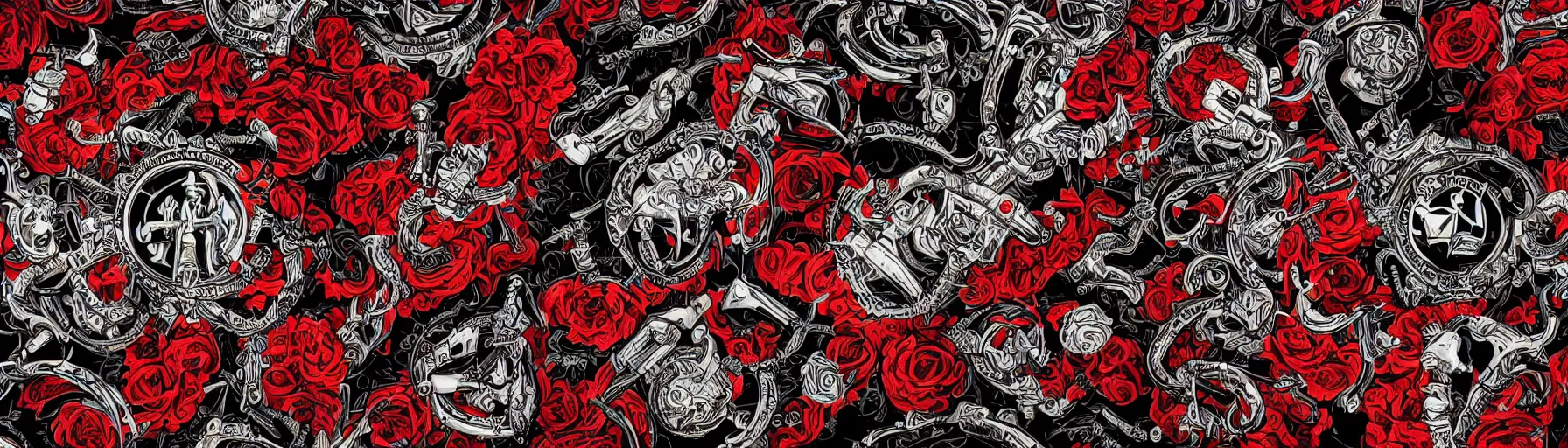 Image similar to an epic guns and roses mural on a crimson and black background, intricate illustration, highly ornate, exquisite detail, rtx, 4k