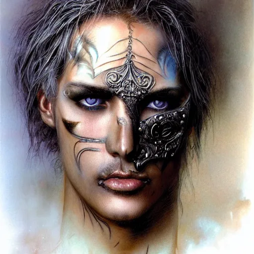 Image similar to an award finning closeup facial portrait by luis royo and john howe of a bohemian male cyberpunk traveller clothed in excessively fashionable 8 0 s haute couture fashion and wearing ornate art nouveau body paint