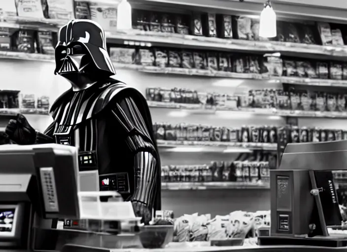 Image similar to film still of Darth Vader working as a clerk in a convenience store in the new Star Wars movie, 4k, black and white