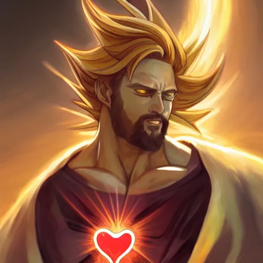 Image similar to Jesus christ transforming in super Saiyan while holding a shiny Sacred Heart, by Stanley Artgerm Lau, WLOP, Rossdraws, James Jean, Andrei Riabovitchev, Marc Simonetti, Yoshitaka Amano, ArtStation, CGSociety,