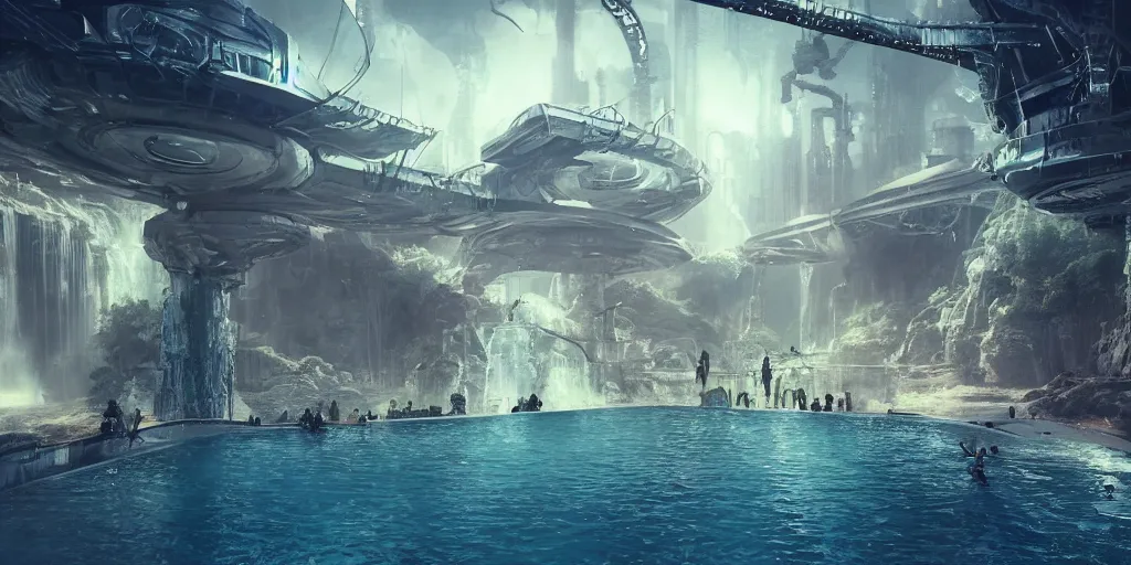 Image similar to alien spacecraft hovering over beautiful pool waterfalls surrounded by alien robots, steel archways, industrial buildings, rusty metal towers, sun setting, ross tran, fantasy, james jean, peter morbacher, angelarium, alchemy, luxury, heavenly light, soft illumination, trending on artstation, cinematic lighting, digital painting, octane render