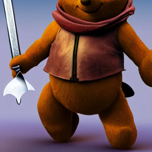 Prompt: Winnie the Pooh wearing armor, holding a giant sword, ps2 graphic, 3d render, video game