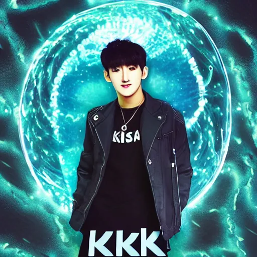 Image similar to “K-pop idol Changbin on a retro science fiction book cover”