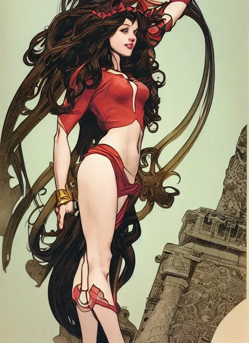 Image similar to slim young april with a mischievous face and long chesnut wavy hair dressed as a superhero in her early twenties, posing with her arms tucked behind her back, lady liberty, tight fit, curvaceous, intricate detailed face, shiny, art by joshua middleton and greg rutkowski and alphonse mucha