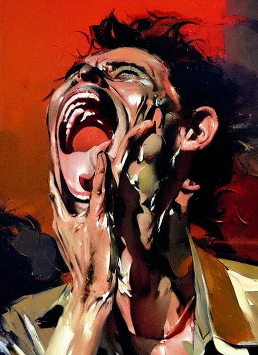 Prompt: 'kramer on stage screaming, enraged, painting by phil hale, 'action lines'!!!, graphic style, visible brushstrokes, motion blur, blurry
