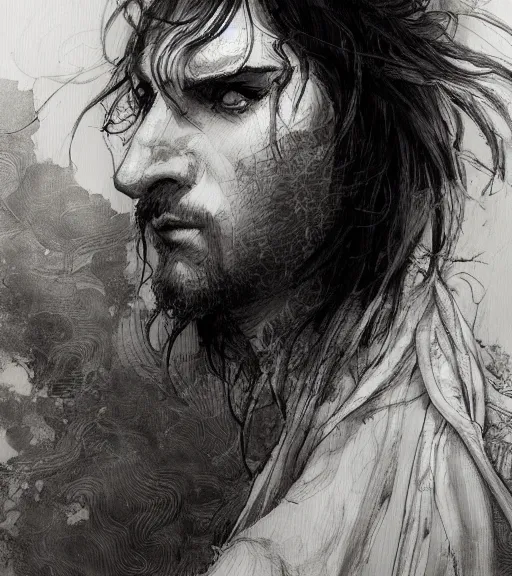 Prompt: portrait of anime man with long hair wearing a white robe stained, pen and ink, intricate line drawings, by craig mullins, ruan jia, kentaro miura, greg rutkowski, loundraw