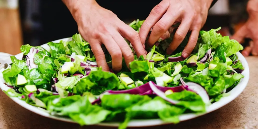 Image similar to [ first person point of view from my eyes, 9 0 degrees fov ]!!!!!!!!!!, cutting a salad