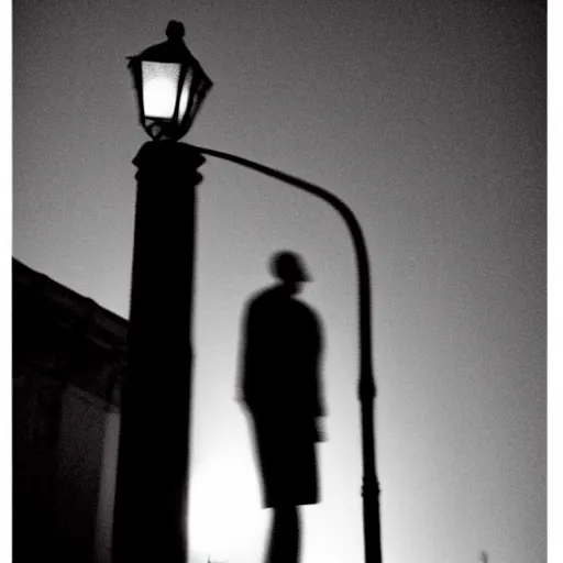 Image similar to tall man shadow on street lamp at night, 8 mm, found footage