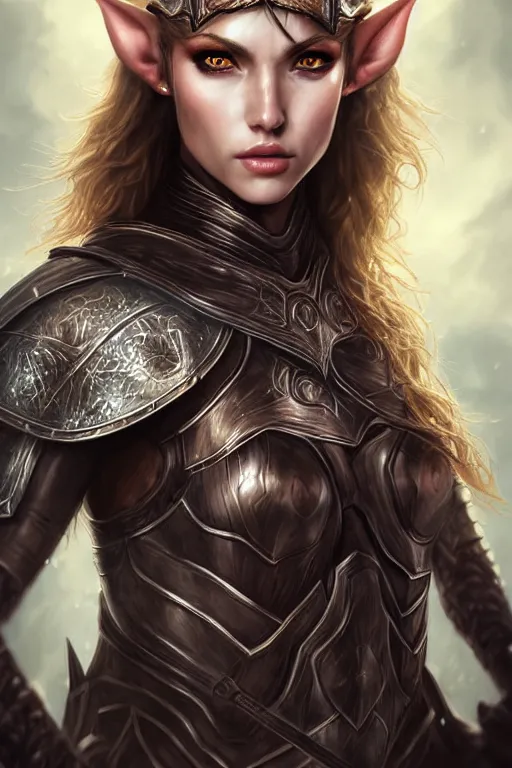 Image similar to head and shoulders portrait of an eldritch knight, elf, beautiful, female, breastplate, magical, high fantasy, d & d, by artgerm, face details, extremely detailed, vogue fashion photo