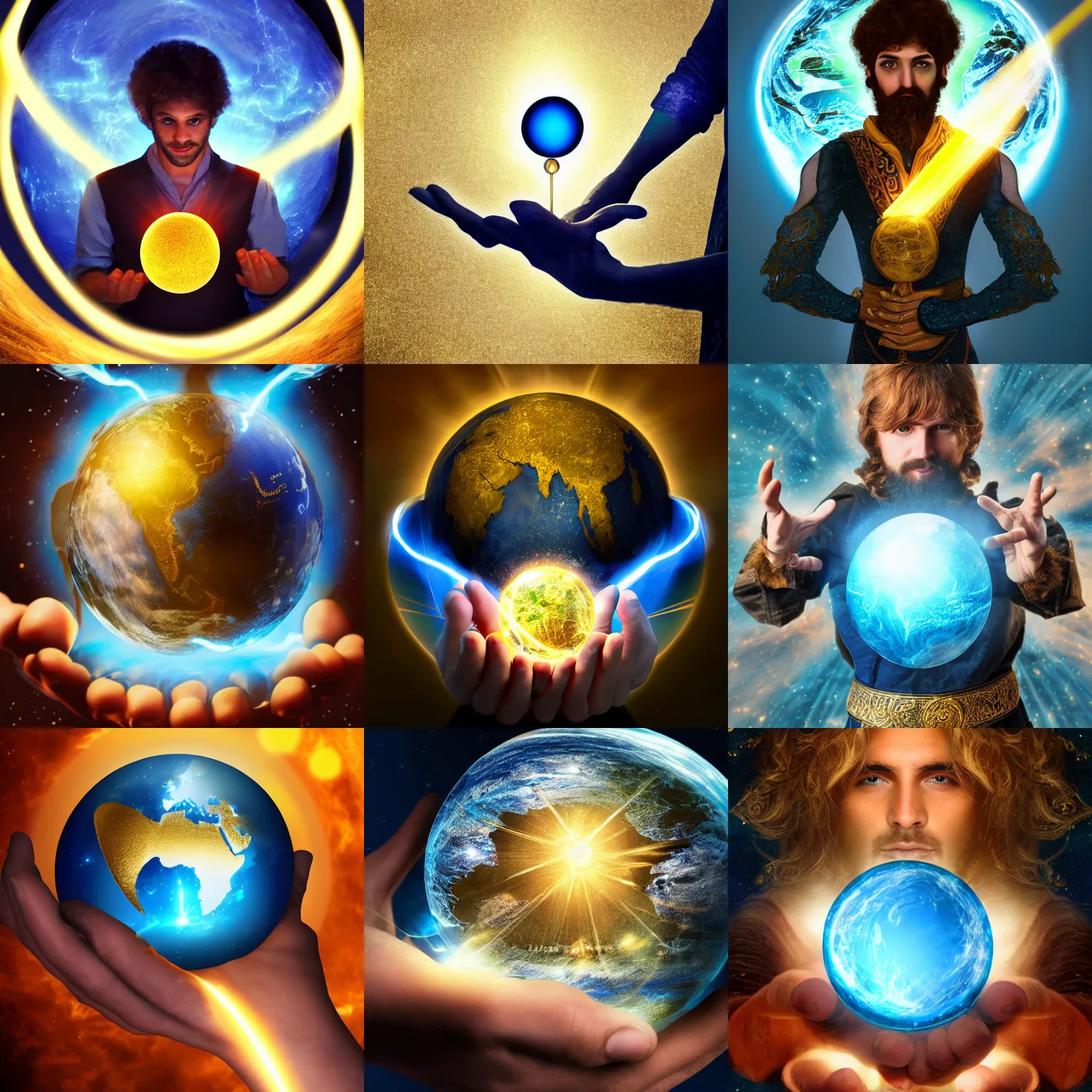 Prompt: Half-length portrait of a mage holding levitating planet earth between his hands. Blue and gold lighting. Fantasy, digital art, HD, detailed.