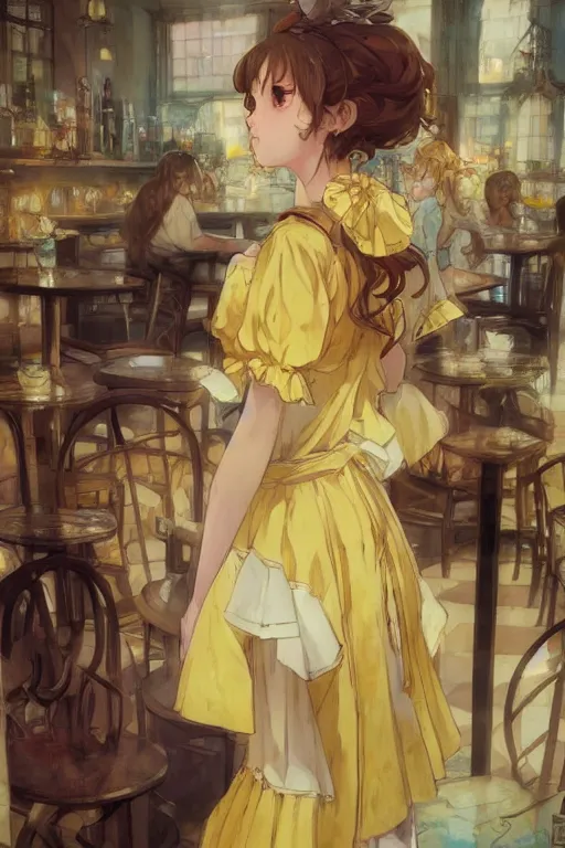 Prompt: A girl in a maid's outfit in a cafe a afternoon, wavy hair yellow theme,S line,45 angel by krenz cushart and mucha and akihito yoshida and greg rutkowski