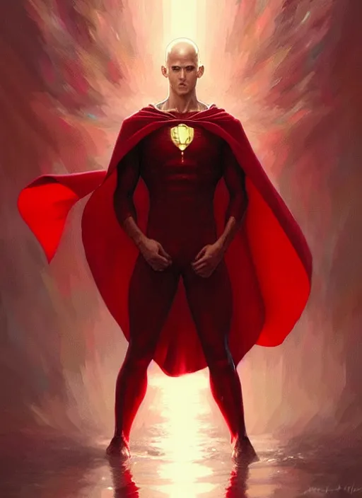 Image similar to ultra realistic illustration, handsome saitama. red cape, intricate, elegant, highly detailed, digital painting, artstation, concept art, smooth, sharp focus, illustration, art by artgerm and greg rutkowski and alphonse mucha and wlop