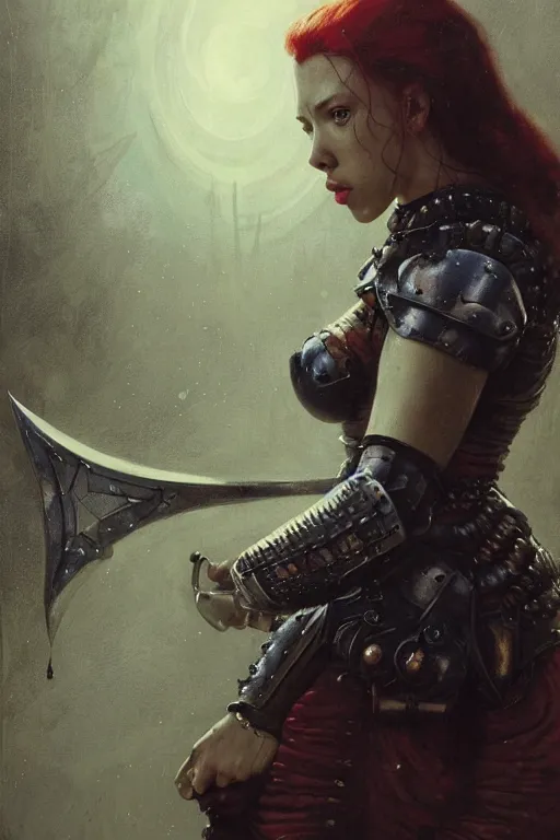 Prompt: scarlet johansson, legendary warrior, heroic fighter, dungeons & dragons, tattoos, decorative ornaments, battle armor, by carl spitzweg, ismail inceoglu, vdragan bibin, hans thoma, greg rutkowski, alexandros pyromallis, perfect face, detailed, sharply focused, centered, rule of thirds, realistic shading