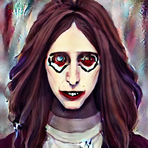 Image similar to pretty female Taissa Farmiga vampire, Jamie McKelvie comic art, Peter Mohrbacher sharp vampire teeth, sarcastic smile showing teeth, symmetrical eyes, realistic face, symmetrical face, brown leather jacket, jeans, long black hair, full body