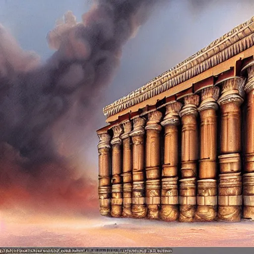 Image similar to a beautiful detailed and realistic matte painting of Herod’s Temple in Jerusalem aflame