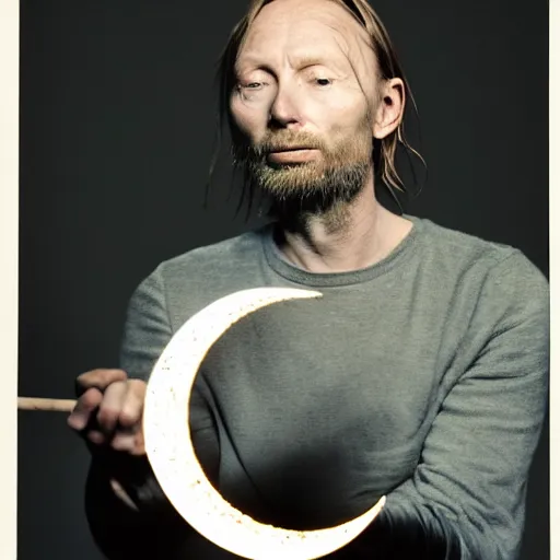 Image similar to old aged Thom Yorke, Radiohead singer Thom Yorke, holding the moon upon a stick, with a beard and a black jacket, a portrait by John E. Berninger, dribble, neo-expressionism, uhd image, studio portrait, 1990s