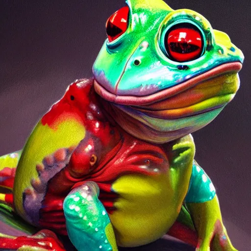 Image similar to a detailed mate painting of a rainbow clown frog'by stephanie law, existential horror, trending on cgsociety artstation, highly detailed, 8 k, masterpiece, super resolution.