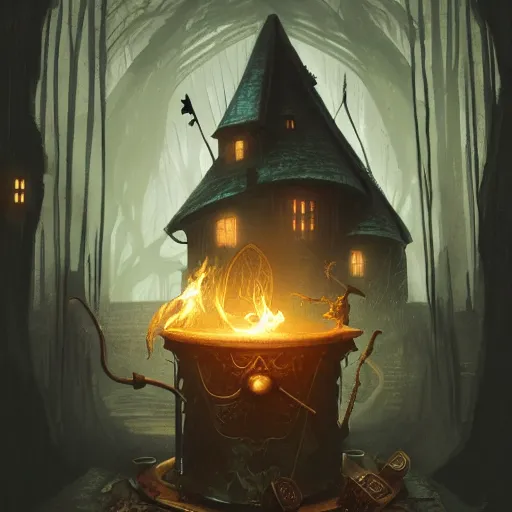 Image similar to a tarot card with interior witch's house with a cauldron smoking, one crow, fantasy art, in the style of greg rutkowski, illustration, epic, fantasy, cinematic, intricate, hyper detailed, artstation, concept art, smooth, sharp focus, ray tracing