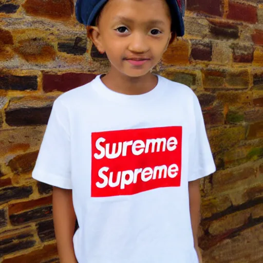 Image similar to short kid wearing a supreme shirt, detailed, studio