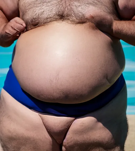 Image similar to old fat man in swimsuit, belly, spyshot