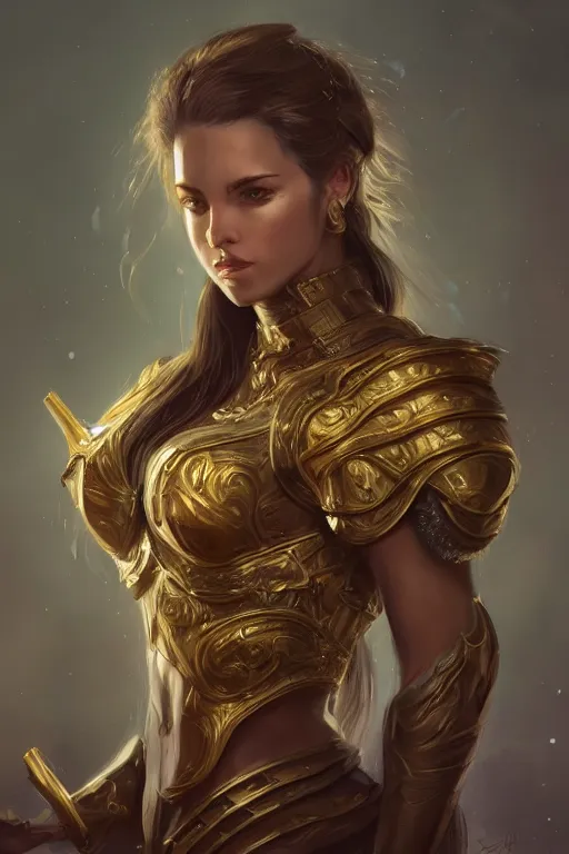 Image similar to three-quarters portrait pose of a beautiful woman, strong body, shining gold armor, human warrior, fantasy, intricate, elegant, highly detailed, digital painting, artstation, concept art, matte, sharp focus,D&D, illustration, art by Stanley Lau