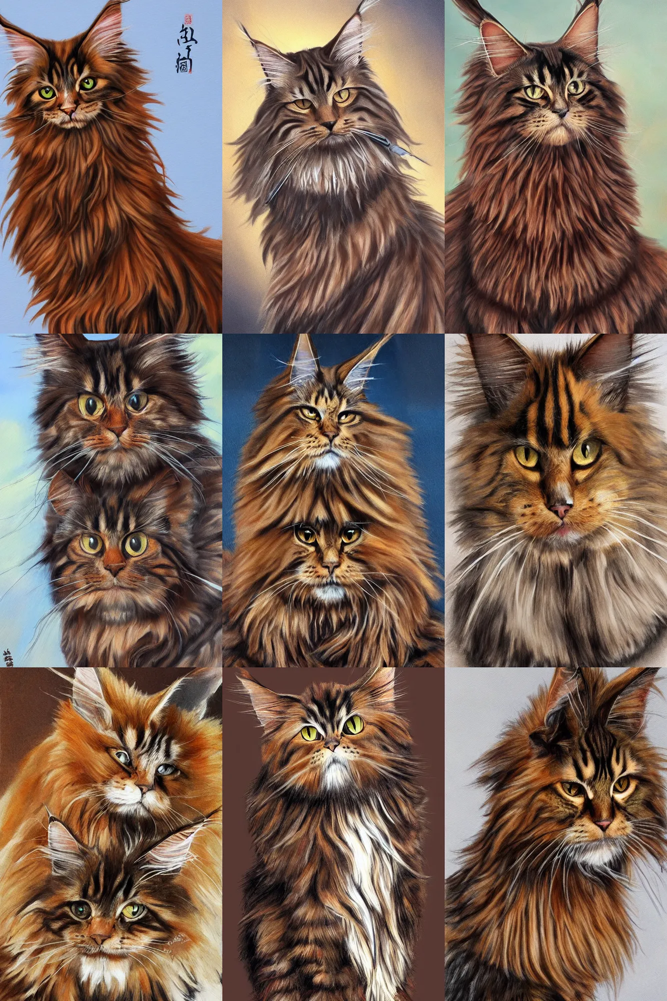 Prompt: Painting of MaineCoon cat with brown fur dressed as Samurai, realistic style