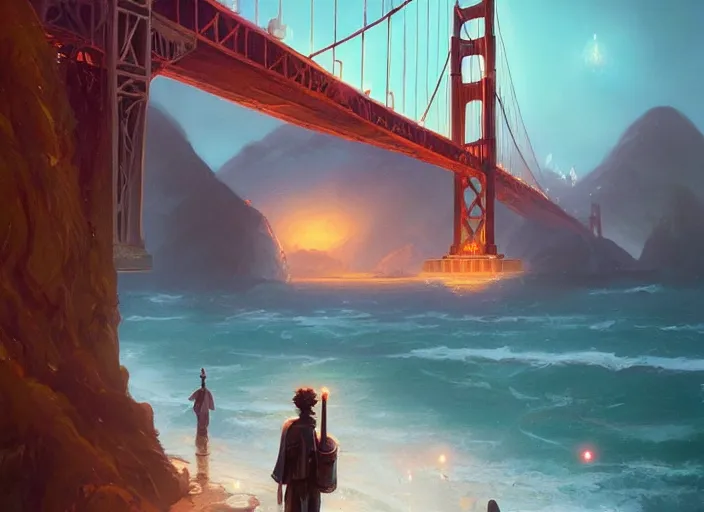 Image similar to san francisco golden gate scenery, unreal engine fantasy art by greg, loish, rhads, ferdinand, knab tom bagshaw, makoto shinkai