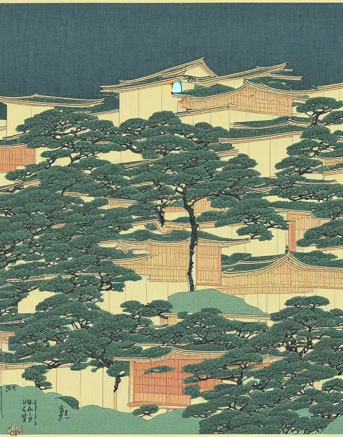 Prompt: a building in a stunning landscape japanese woodblock print by Hasui Kawase