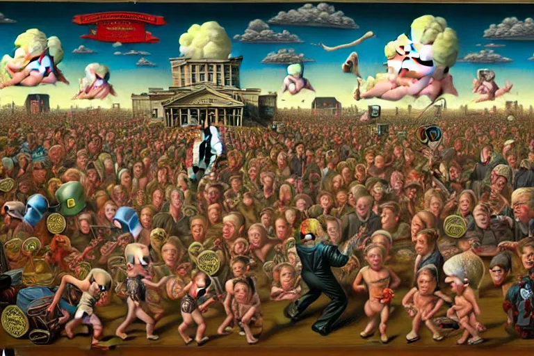 Image similar to a sparsely populated strange battle in an old hospital between old people and babies Robert Williams Mark Ryden and Alex Gross, Todd Schorr highly detailed deep perspective perfect composition