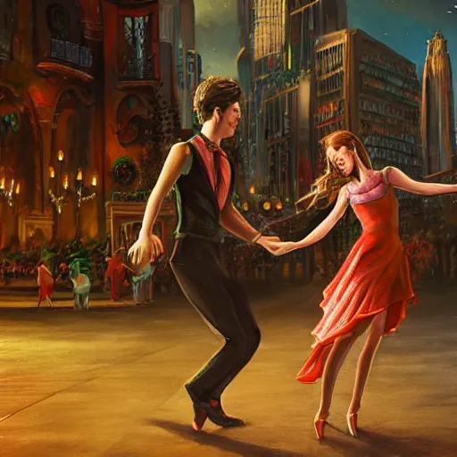 Prompt: a dancing couple in a future city, highly detailed, fantasy art