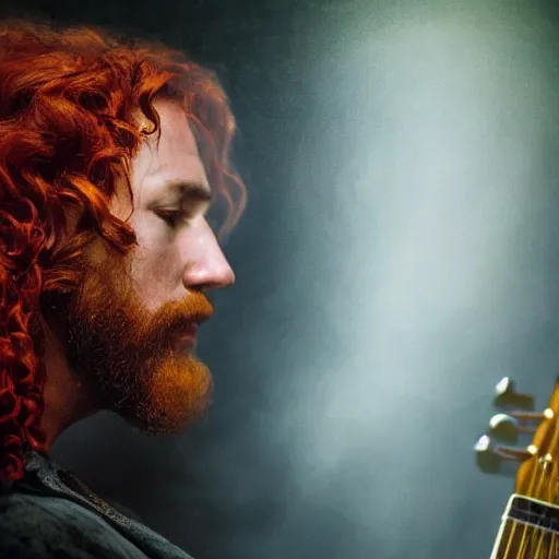 Image similar to side profile of a rugged man with curly red hair wearing a green cloak playing a guitar portrait, atmospheric lighting, painted, intricate, volumetric lighting, beautiful, rich deep colours masterpiece, golden hour, sharp focus, ultra detailed, by leesha hannigan, ross tran, thierry doizon, kai carpenter, ignacio fernandez rios