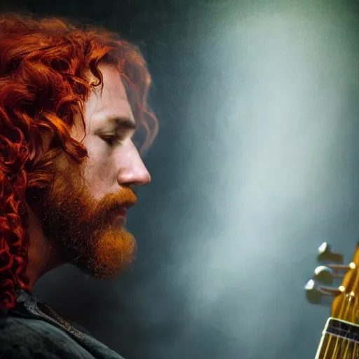 Prompt: side profile of a rugged man with curly red hair wearing a green cloak playing a guitar portrait, atmospheric lighting, painted, intricate, volumetric lighting, beautiful, rich deep colours masterpiece, golden hour, sharp focus, ultra detailed, by leesha hannigan, ross tran, thierry doizon, kai carpenter, ignacio fernandez rios