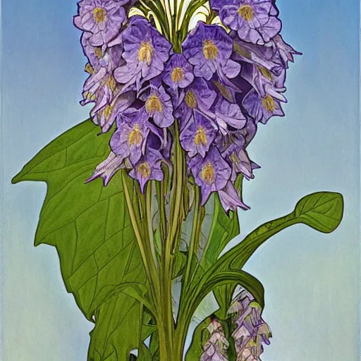 Prompt: a painting of Campanula medium, illustration, elegant, highly detailed, Artstation, by Georgia O'keeffe and alphonse mucha