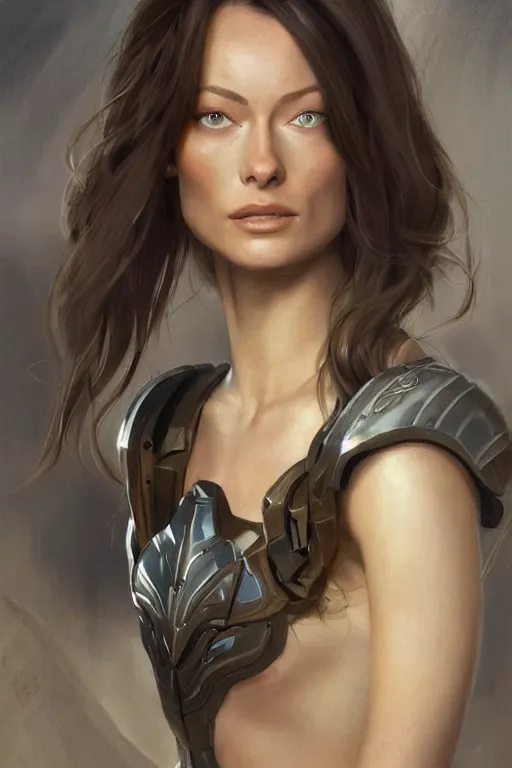 Image similar to a professional painting of a young Olivia Wilde, clothes in military armor, olive skin, long dark hair, beautiful bone structure, symmetrical facial features, intricate, elegant, digital painting, concept art, smooth, sharp focus, illustration, from StarCraft by Ruan Jia and Mandy Jurgens and Artgerm and William-Adolphe Bouguerea