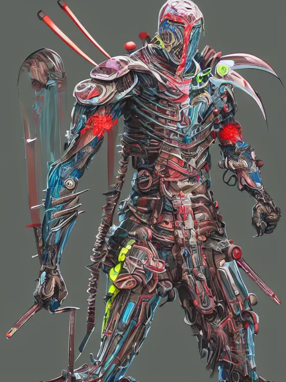 Prompt: full body front view portrait of natural, bio - mechanical ninja samurai, nature and cyber, character design, correct anatomy, concept art, digital illustration, ray tracing, ultra detailed, fantasy, neon lighting, intricate and highly detailed, coloured with lots of colour, pose, fantasy, sharp focus,
