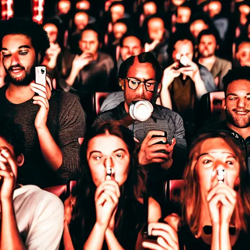 Prompt: people in a very dark movie theatre playing on their cellphones, faces illuminated by cellphone light