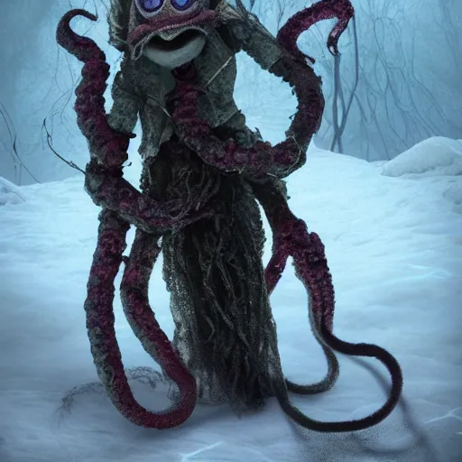 Prompt: an ethereal live action muppet wraith like figure with a squid like parasite latched onto its head and four long tentacle arms that flow lazily but gracefully at its sides like a cloak while it floats around a frozen rocky tundra in the snow searching for lost souls and that hides amongst the shadows in the trees, this character has hydrokinesis and electrokinesis is a real muppet by sesame street, photo realistic, real, realistic, felt, stopmotion, photography, sesame street