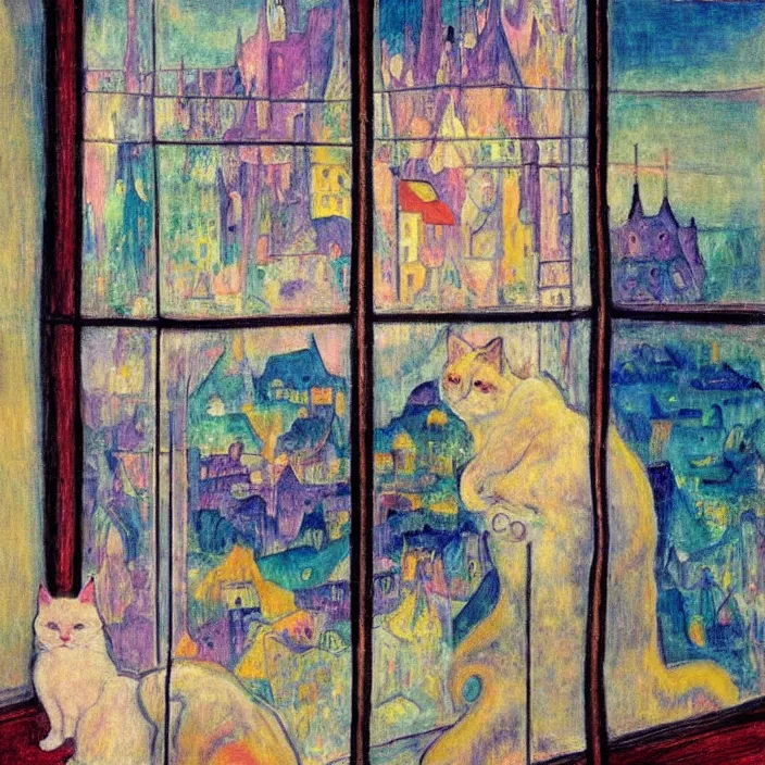 Image similar to dreamy fuzzy white cat sitting in a window, city with gothic cathedral. sun setting through the clouds, vivid iridescent psychedelic colors. munch, agnes pelton, egon schiele, henri de toulouse - lautrec, utamaro, matisse, monet