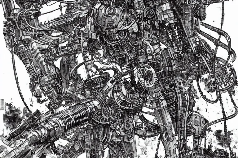 Image similar to dieselpunk mechs in shape of dragonfly that look like Dragonfly, inside an gigantic underground concrete doom hangar, interior structure, drains, storm drains, jungle, vines, algea, cables, panels, walls, ceiling, floor, doors, brutalist architecture, intricate ink drawing, highly detailed in the style of Ashley Wood, moebius and Tsutomu Nihei, photorealistic, cinematic, intricate detail, well lit,