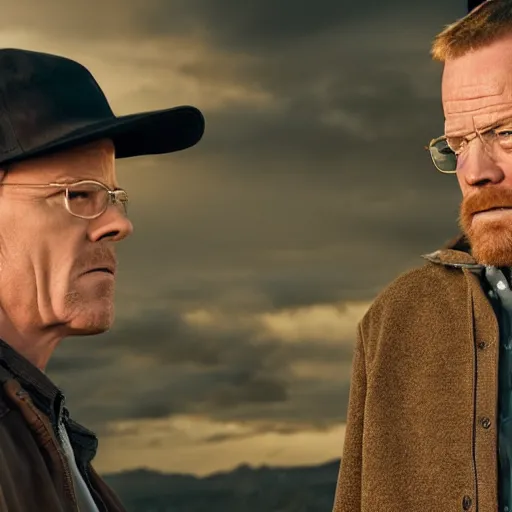 Image similar to movie still of Jack Bauer and Walter White arguing, 4k, golden hour