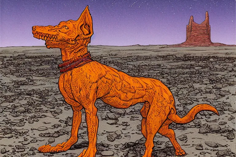 Image similar to monstrous evil xoloitzcuintli dog in the space atacama desert at dusk, hungry and drooling, cracking bones, near a retro - futuristic train station, futuristic comic book by moebius, william stout, katsuya terada