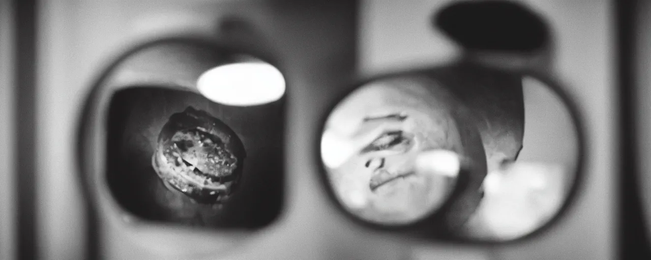 Image similar to a sentient hamburger staring at himself in the mirror canon 5 0 mm, cinematic lighting, photography, retro, film, kodachrome, closeup