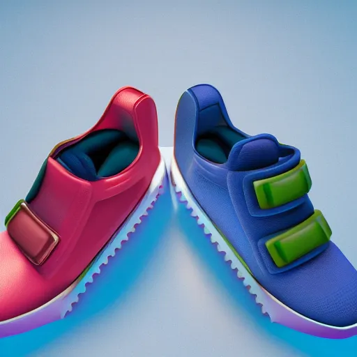 Image similar to futuristic balenciaga and vetements sneakers in the bosch style on gradient background, ultra rendered extreme realism and detail, 8 k, highly detailed, realistic, completely framed, pbr, hyper realistic, photorealistic, sharp focus,