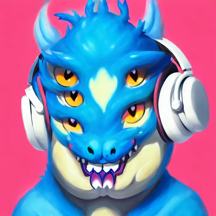 Image similar to a chubby anthropomorphic male blue dragon fursona, headphones on his head, cute, furry, oil on canvas, soft lighting